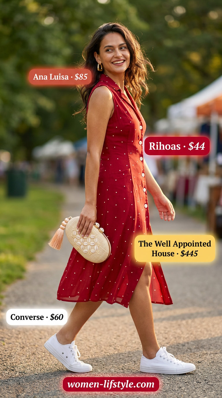 Retro Picnic Pop: Red polka dot button-front midi dress for casual days & park picnics. Summer midi dress outfits 2026.