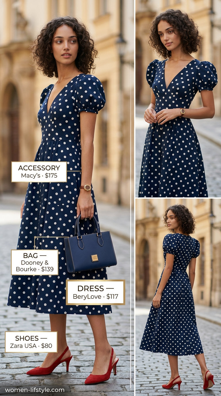 Navy polka dot midi dress with red heels, gold watch, and navy structured bag for summer.