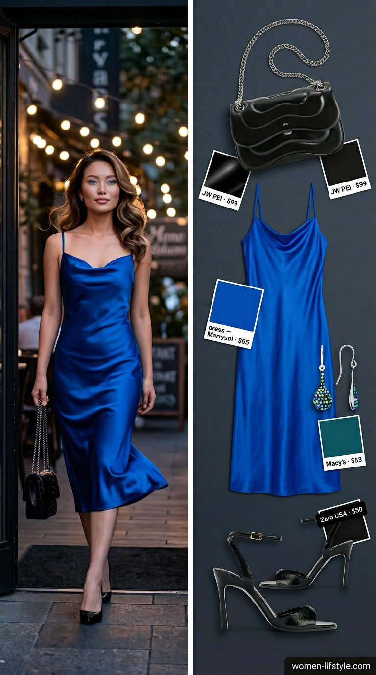 Sultry summer midi dress outfits 2026: Cobalt blue satin slip dress, black mini bag, strappy heels, and silver drop earrings.