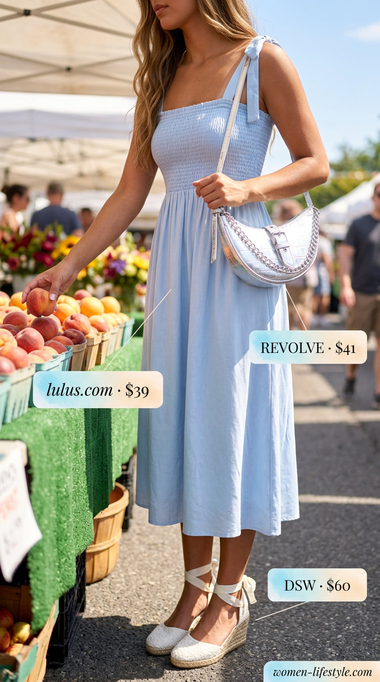 Sweet Summer Sorbet: Sky blue smocked midi dress for casual days & farmers markets. Summer midi dress outfits 2026.