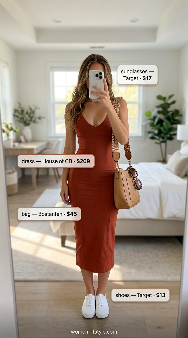 Terracotta Sunset: Sleeveless ribbed knit midi dress outfit for errands & casual dates. Summer midi dress outfits 2026.