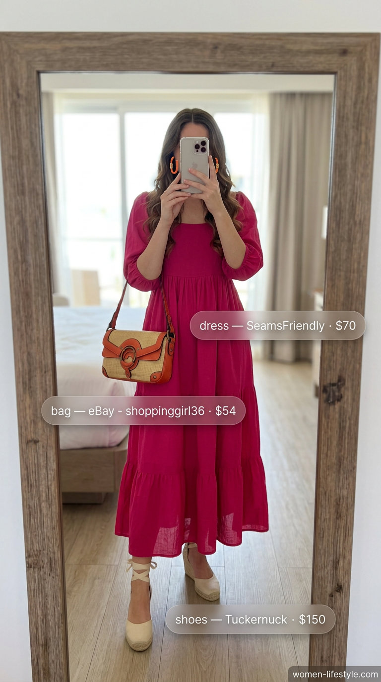 Fuchsia tiered midi dress with wedge espadrilles, straw bag, and statement earrings for summer.