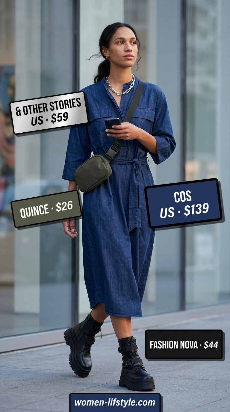 Utility summer midi dress outfits 2026: Charcoal grey denim dress, white caftan dress, combat boots, belt bag, and sunglasses.