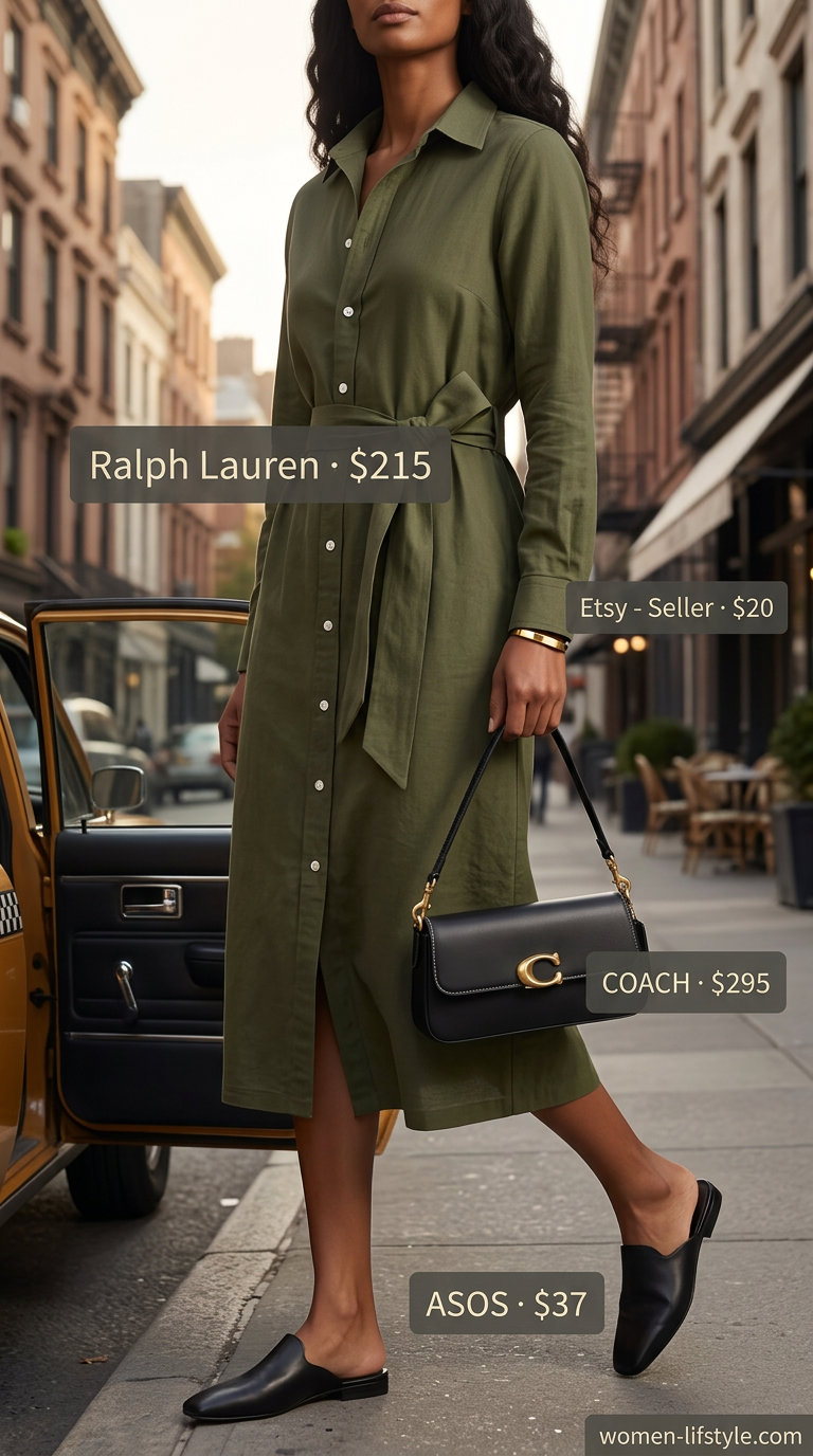 Urban Safari Chic: Olive green linen blend shirt dress for casual Fridays & city lunches. Summer midi dress outfits 2026.