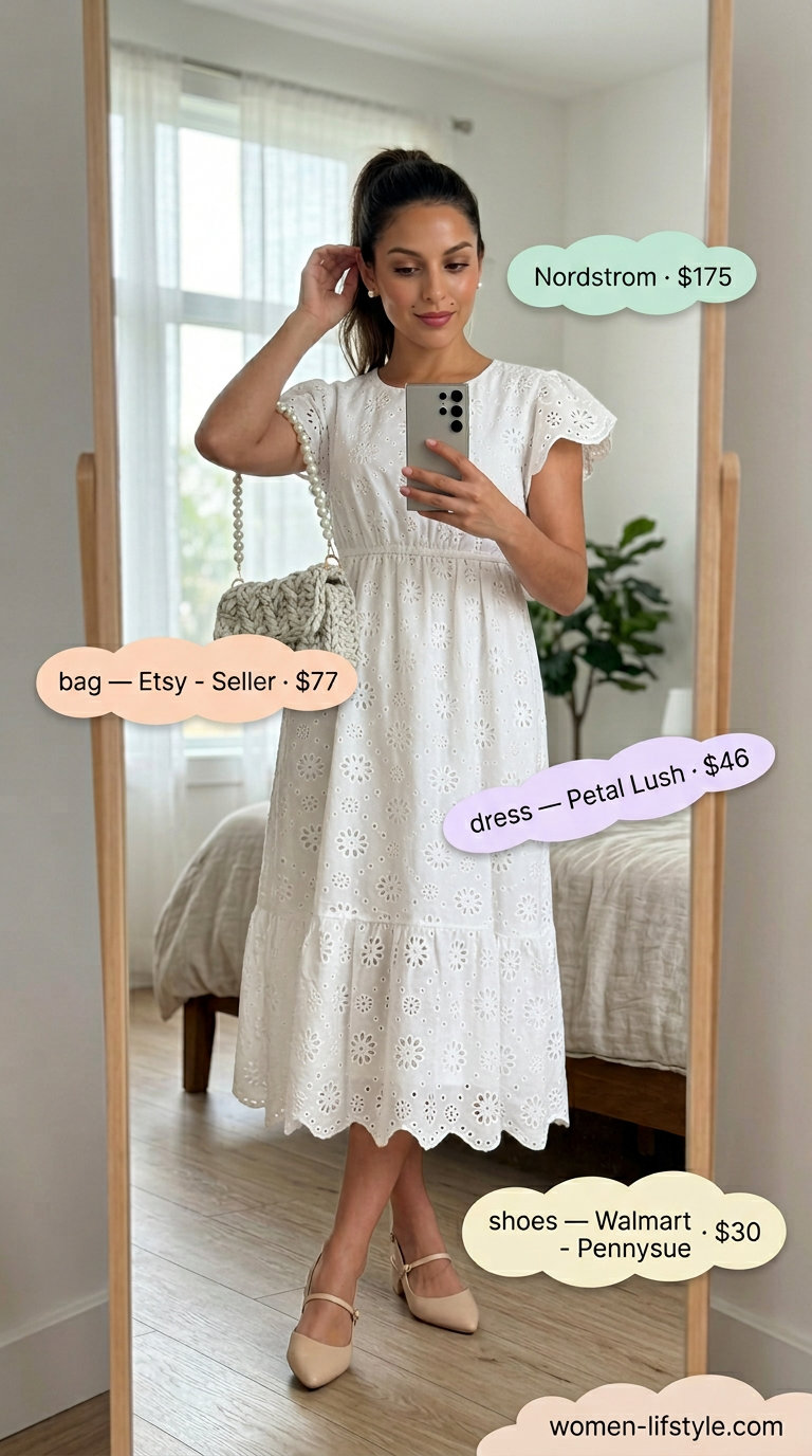 White eyelet lace midi dress with tan slingbacks, gold pearl earrings, and vintage bag for summer.