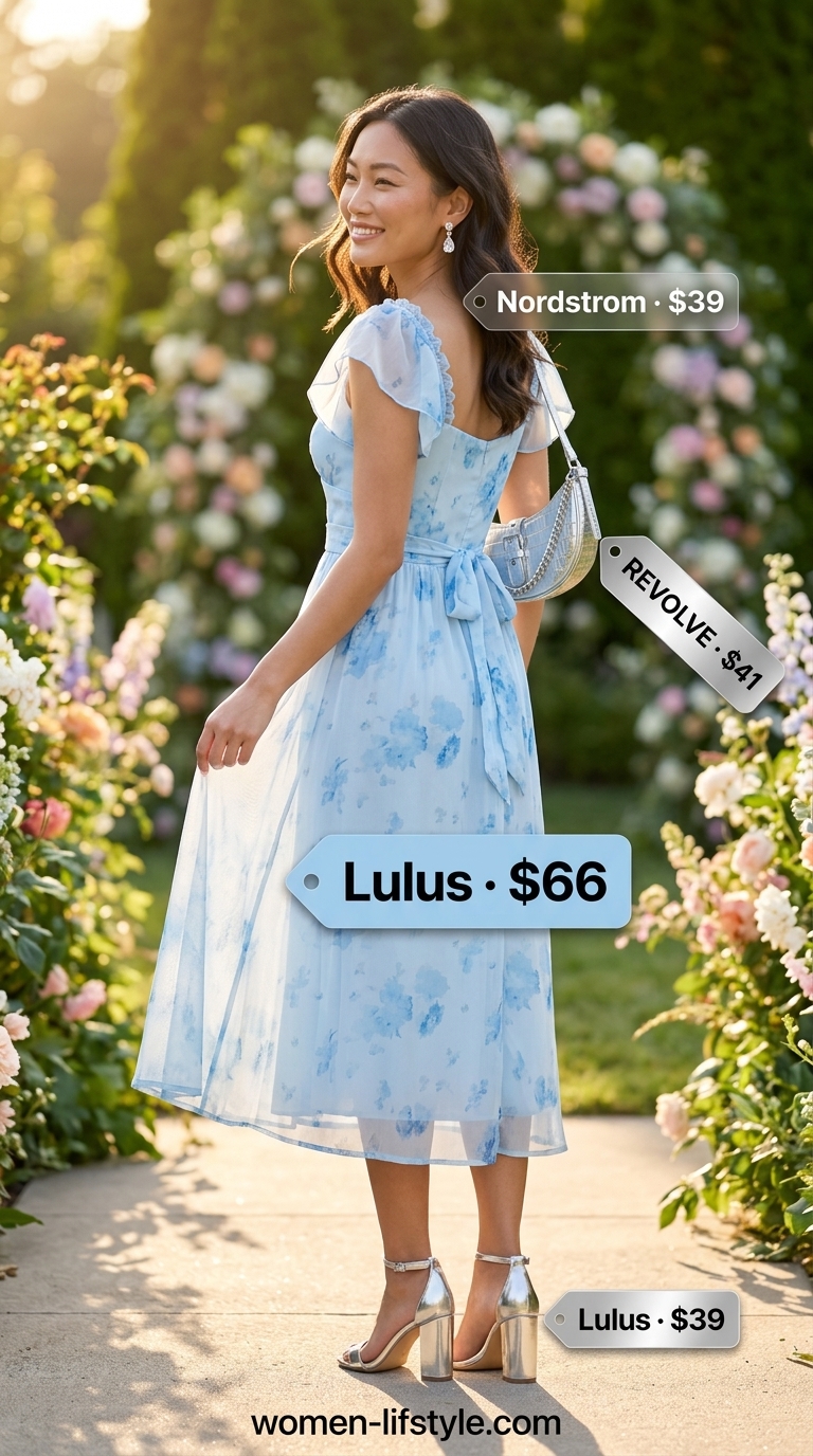 Sky blue floral midi dress with silver sandals for summer midi wedding guest outfits for women 2026.