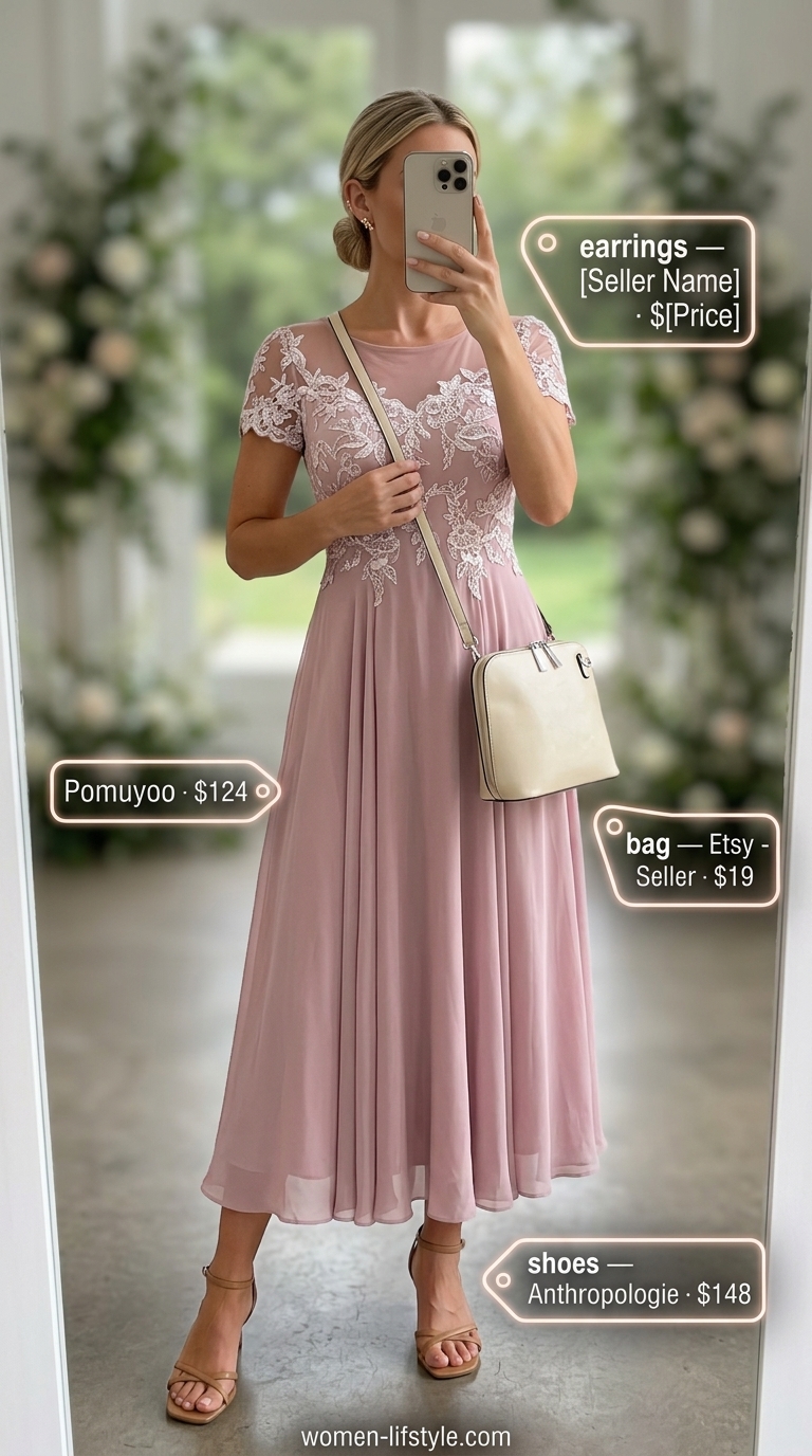 Blush pink lace midi dress with nude heels for romantic summer wedding guest outfits 2026.
