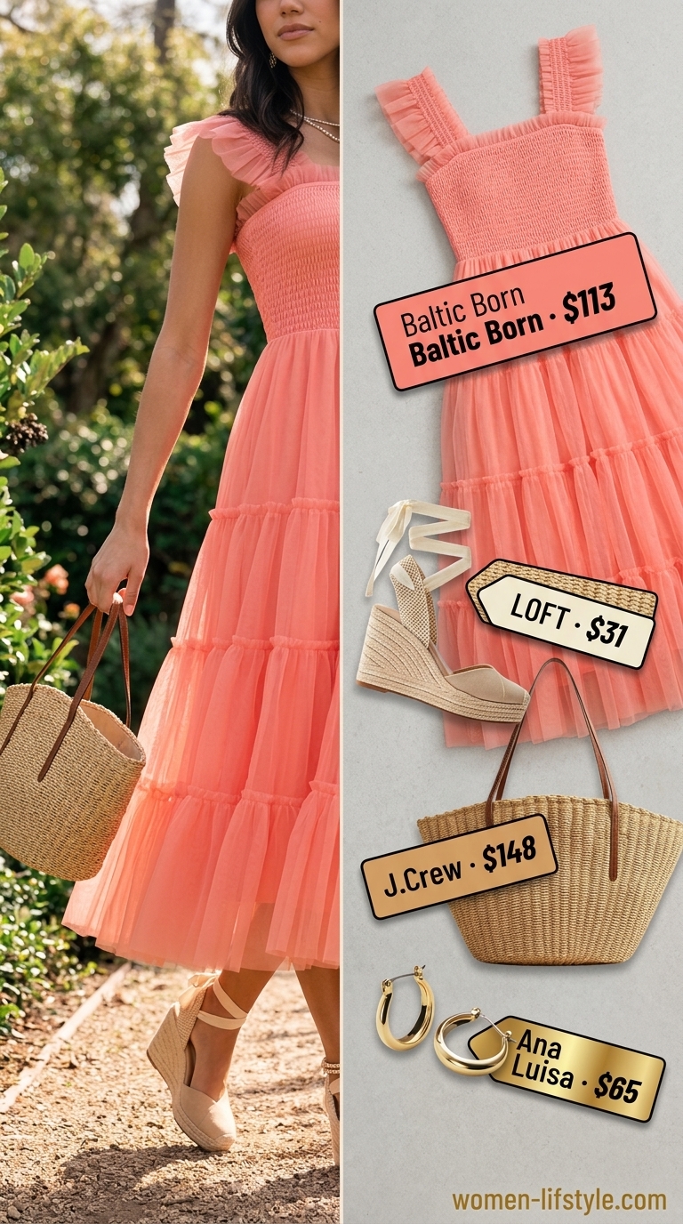 Coral cotton midi dress with puff sleeves for summer midi wedding guest outfits for women 2026.