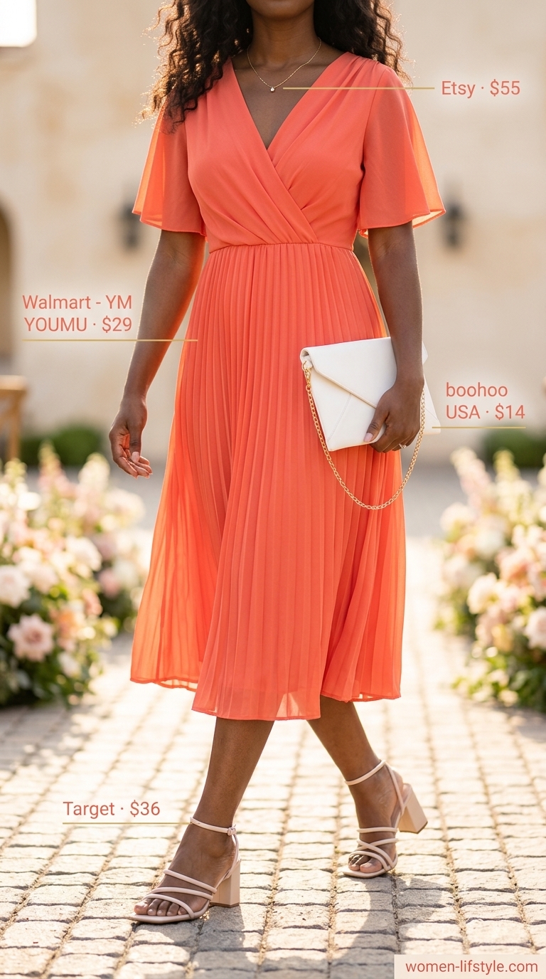 Coral wrap midi dress with nude sandals for vibrant summer wedding guest outfits 2026.