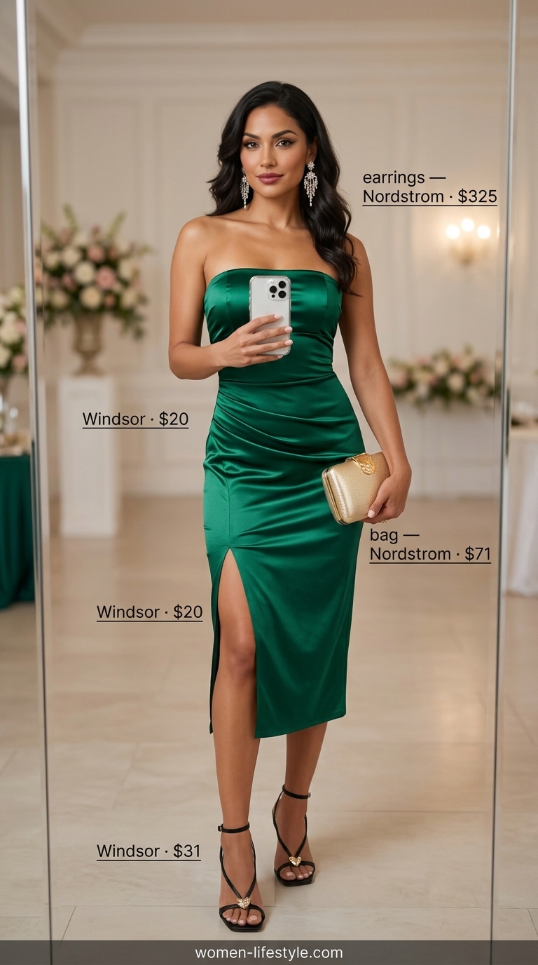 Emerald green satin midi dress with gold accessories for summer wedding guest outfits 2026.