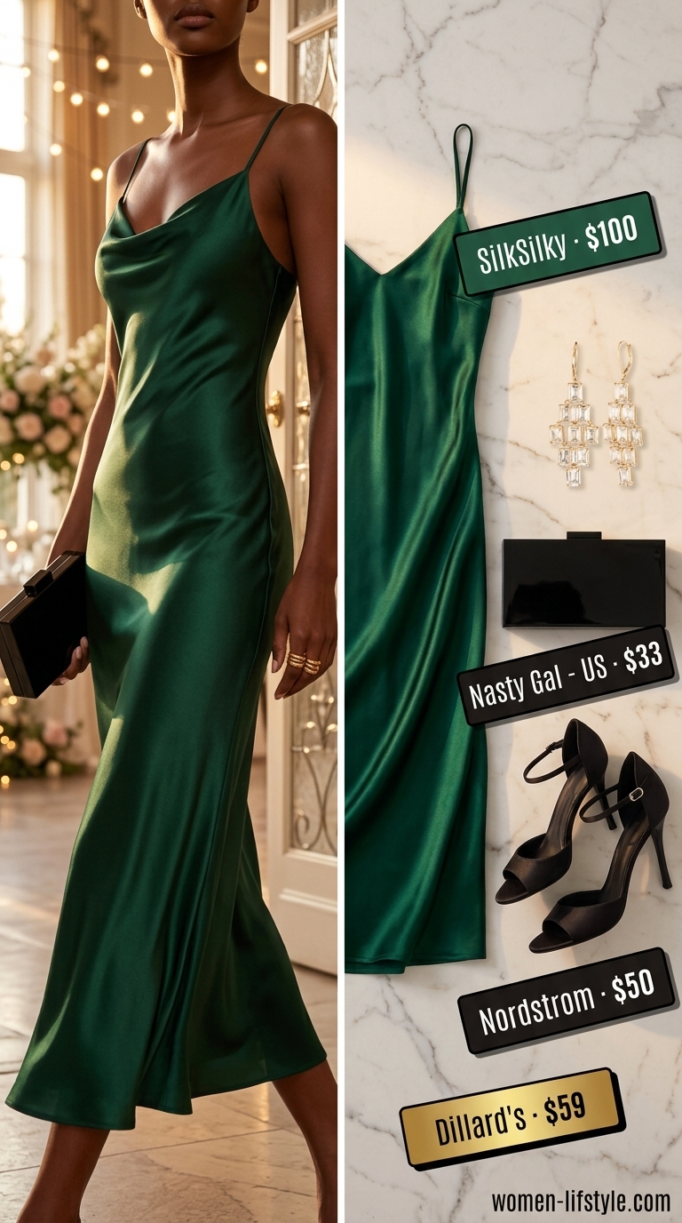 Emerald green silk midi slip dress with gold statement earrings for summer midi wedding guest outfits for women 2026.