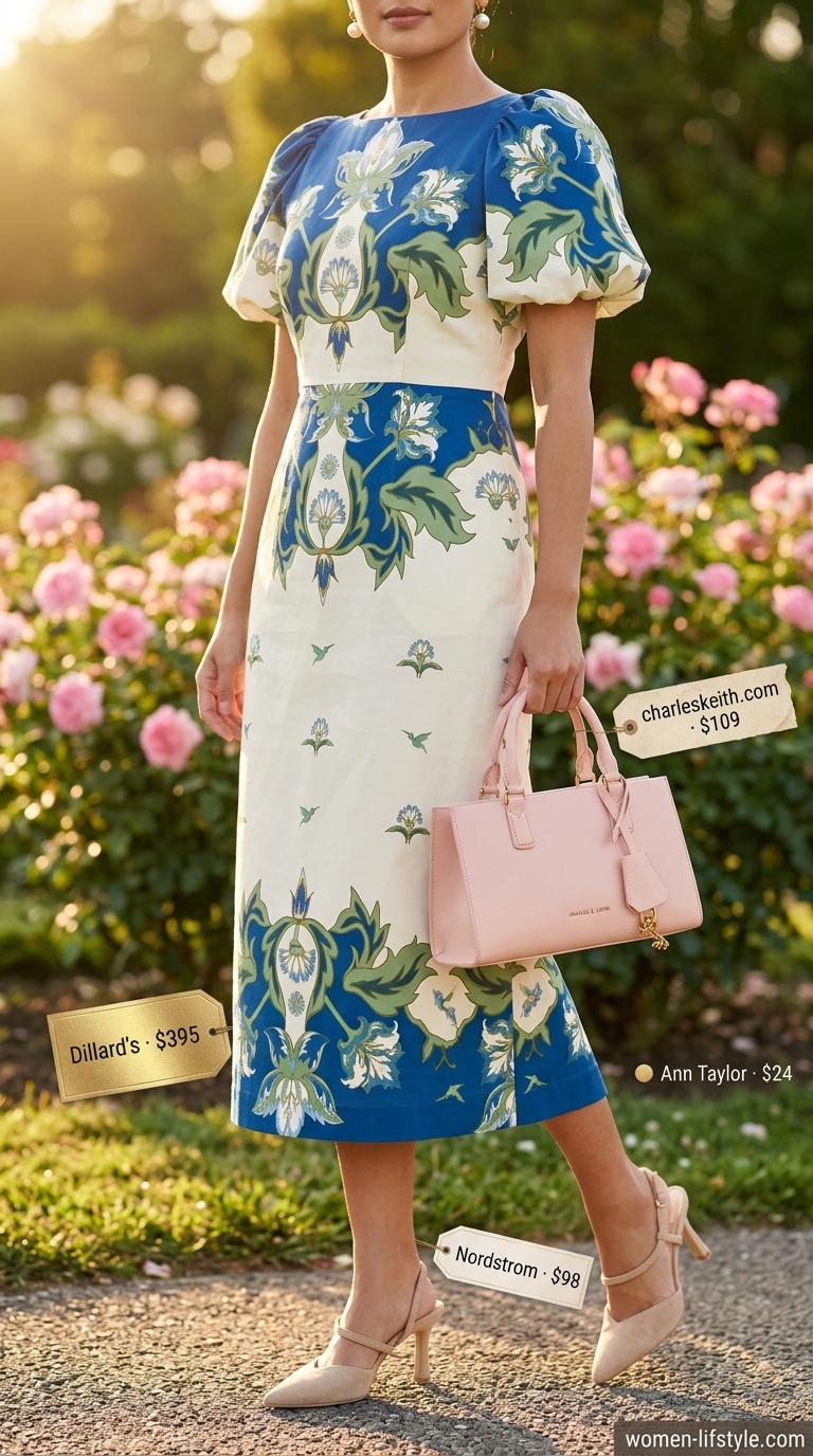 Pastel blue floral midi dress with cream heels for garden wedding guest outfits 2026.