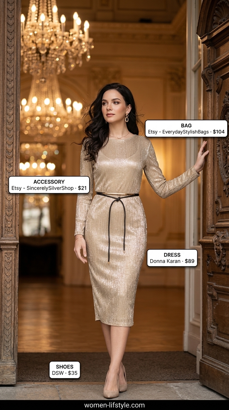 Shimmering gold knit midi dress with cream heels for glamorous wedding guest outfits 2026.