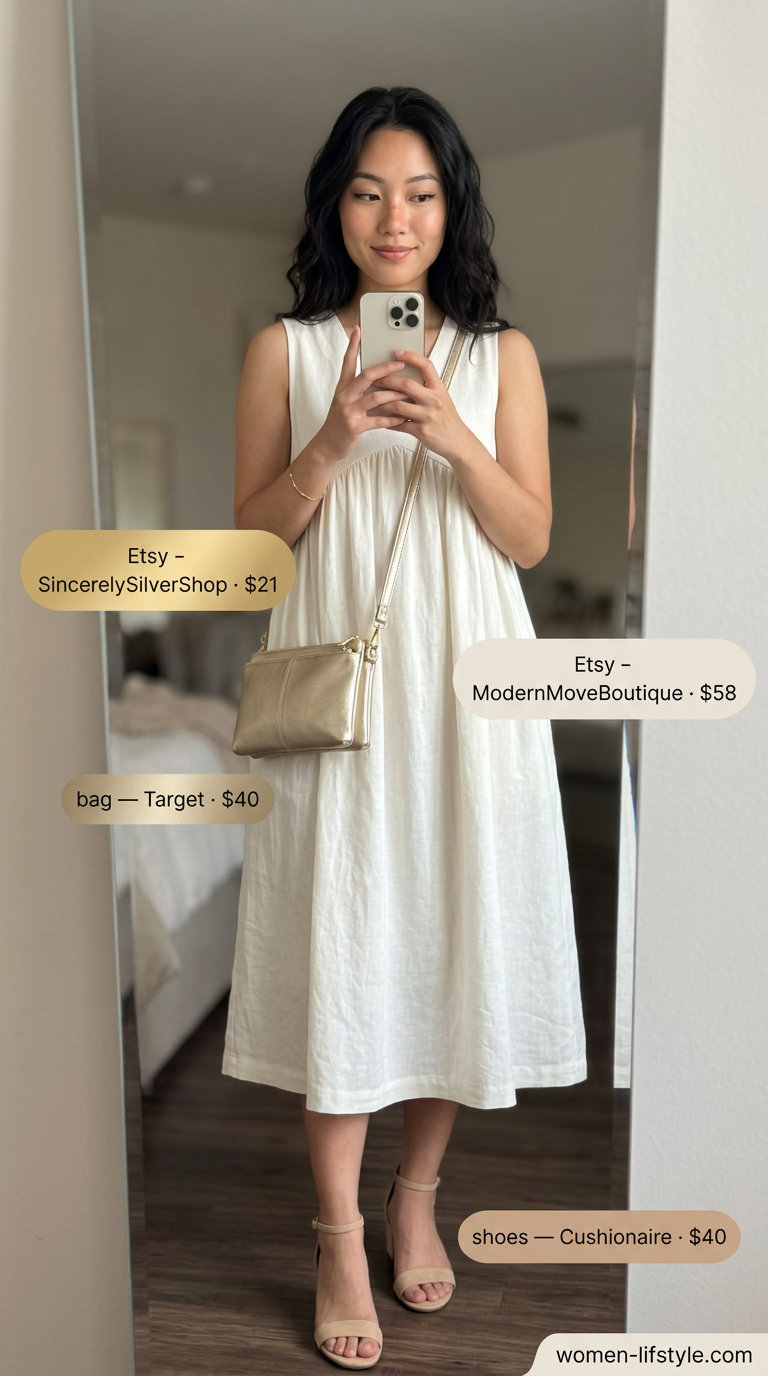 Ivory linen midi dress with gold accents for minimalist summer wedding guest outfits 2026.