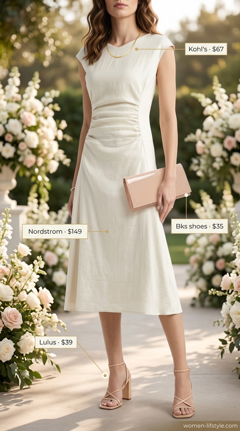 Chic ivory linen midi dress with gold accessories for summer midi wedding guest outfits for women 2026.