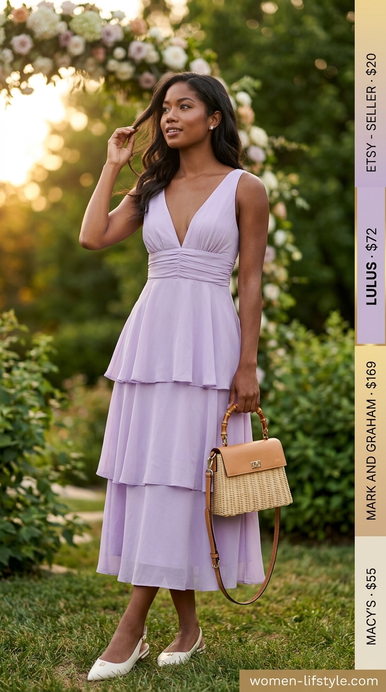 Lavender chiffon midi dress with straw crossbody bag for summer midi wedding guest outfits for women 2026.