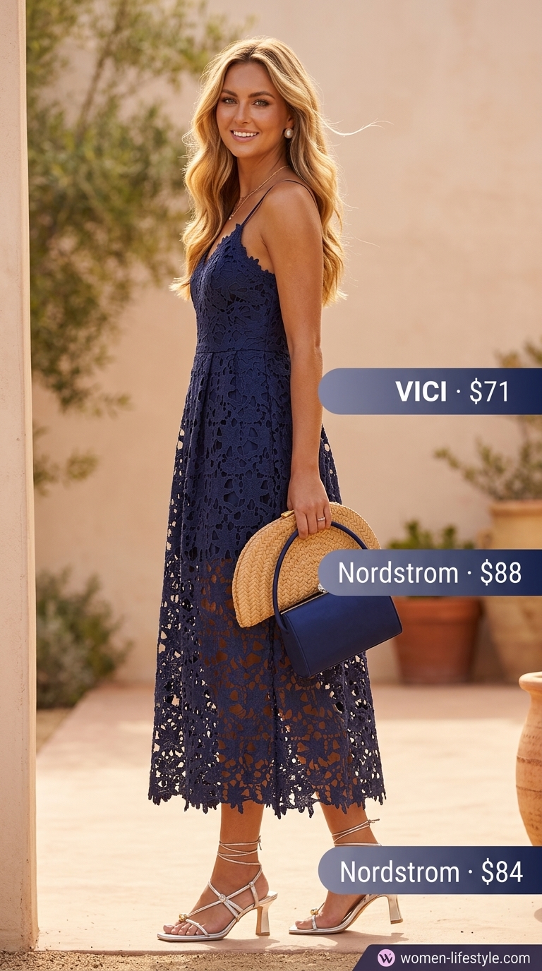 Navy blue lace midi dress with silver ankle strap heels for summer midi wedding guest outfits for women 2026.