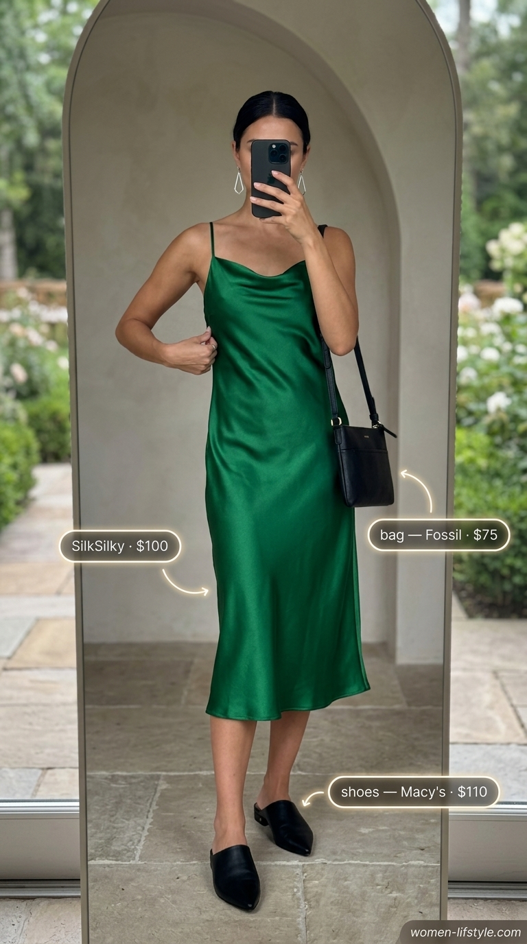 Olive green satin midi slip dress with cowl neck for summer midi wedding guest outfits for women 2026.