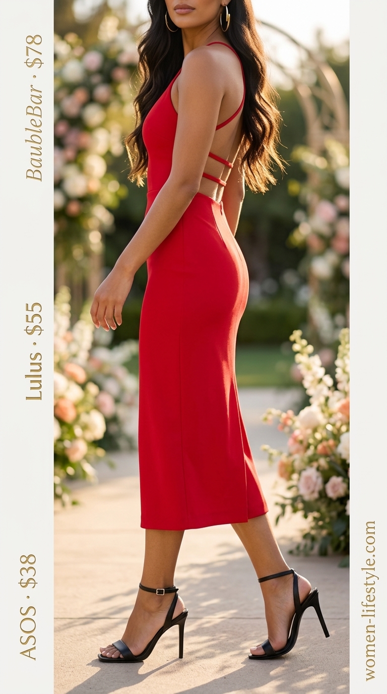 Bold red midi dress with black accessories for summer midi wedding guest outfits for women 2026.