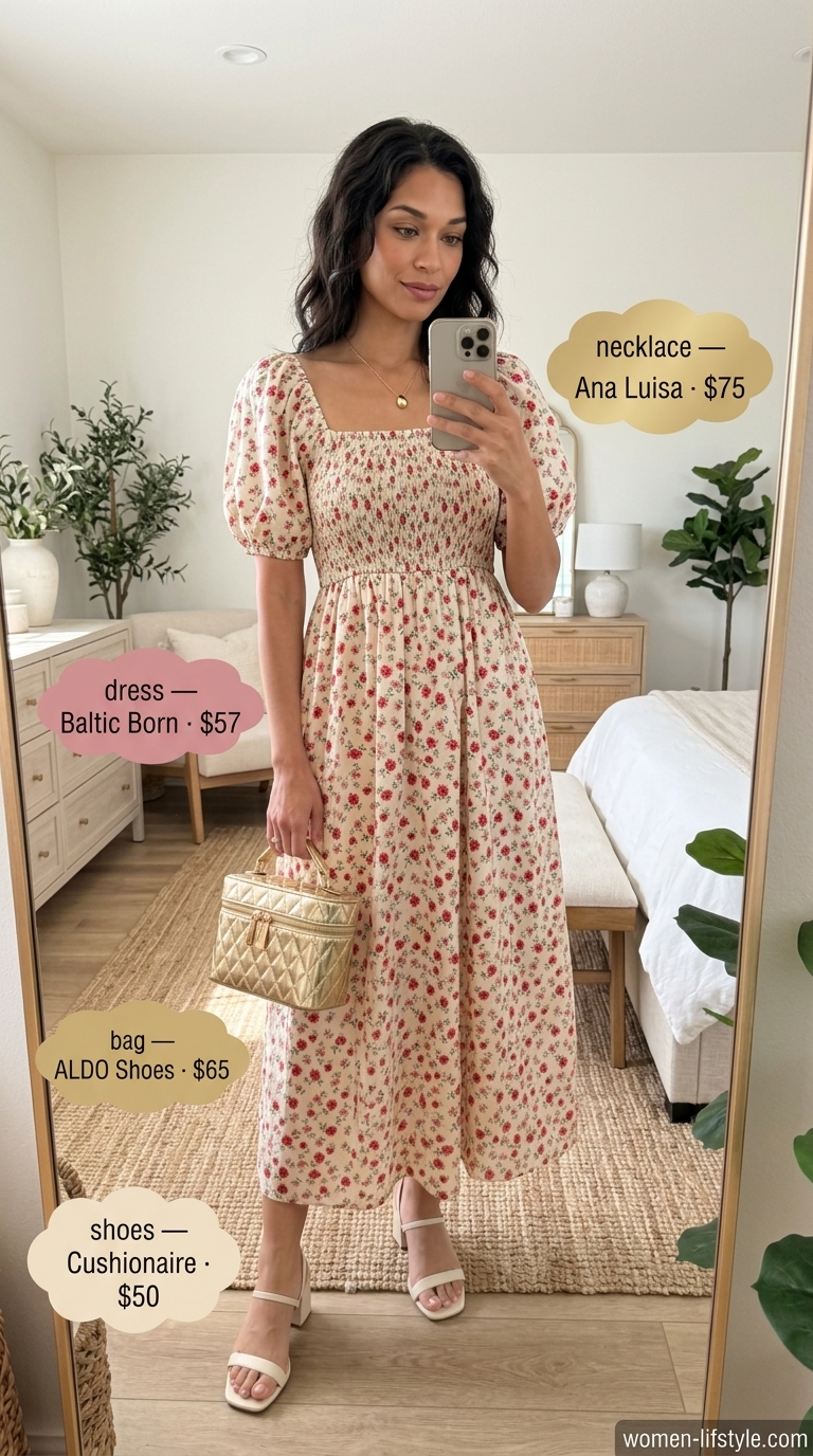 Rose pink floral midi dress with gold accents for vintage summer wedding guest outfits 2026.