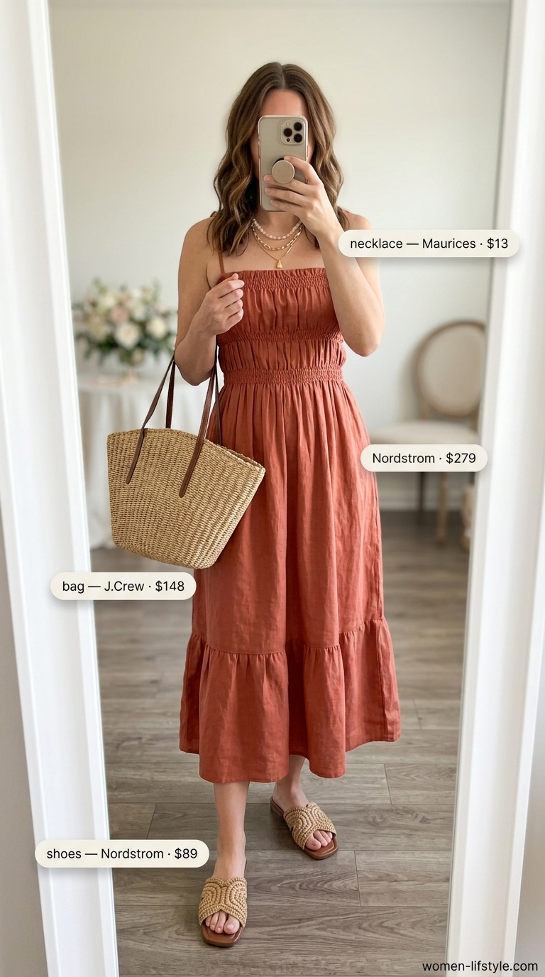Terracotta tiered midi dress with straw accessories for boho beach wedding guest outfits 2026.