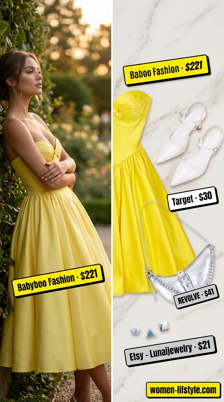 Lemon yellow shift midi dress with white slingbacks for summer midi wedding guest outfits for women 2026.