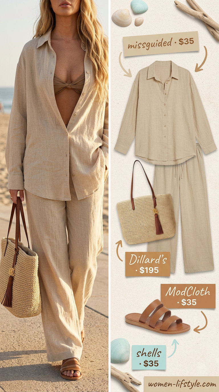 Coastal beige linen set for women 2026: oversized shirt, wide-leg pants, straw tote. Beach vacation style.