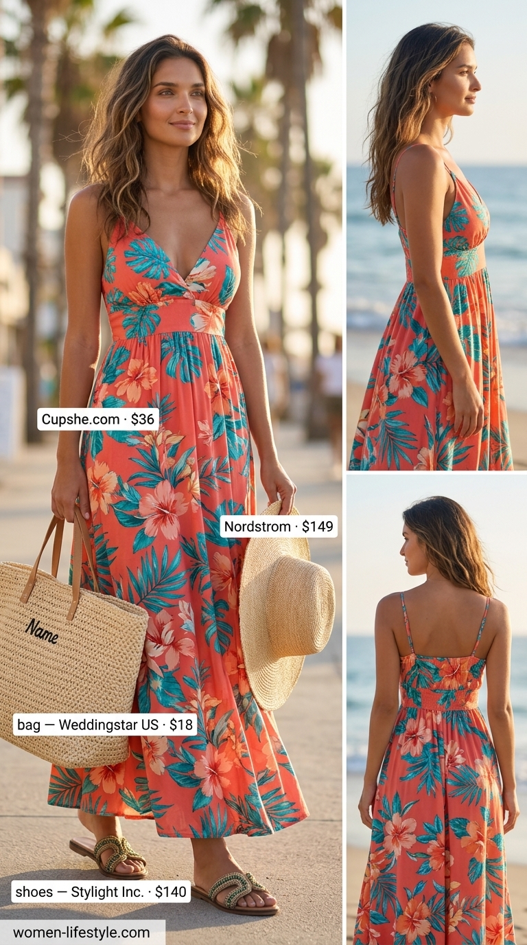 Boho Beach Maxi Dress: Coral & teal floral print, straw hat, embellished slides. Summer must have outfits for women 2026.