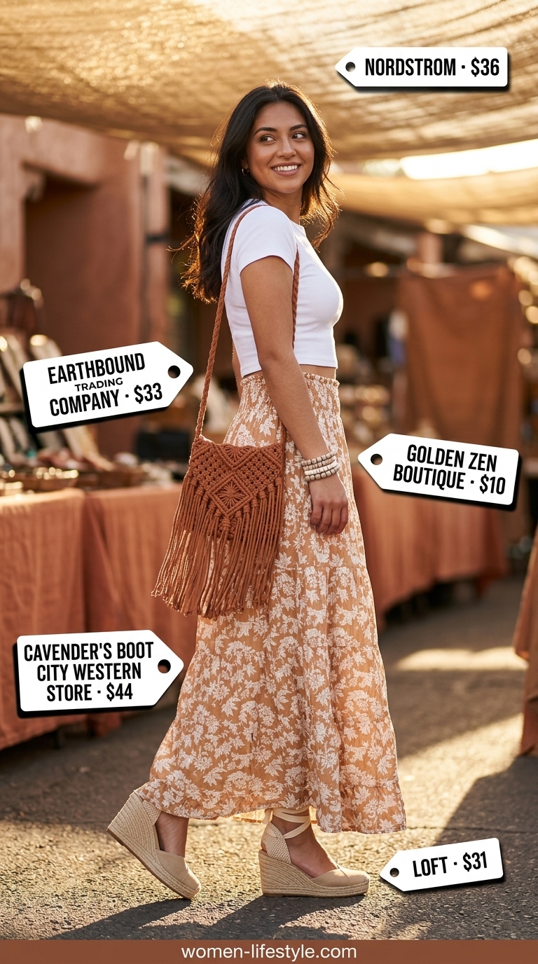 Boho maxi skirt outfit for women 2026: floral print, white crop top, espadrilles. Festival ready style.