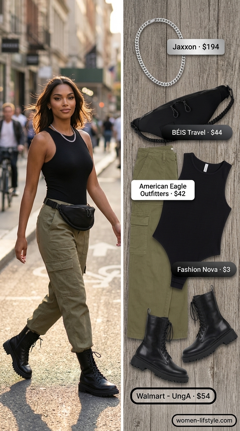 Edgy olive green cargo pants outfit for summer must have outfits for women 2026 city exploration.