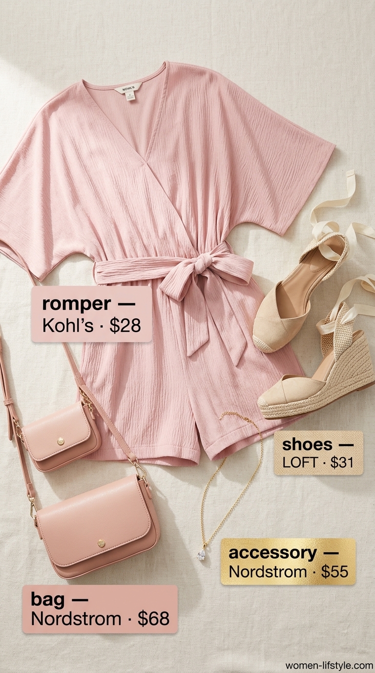 Chic Summer Romper: Blush pink linen romper, espadrille wedges. Summer must have outfits for women 2026.