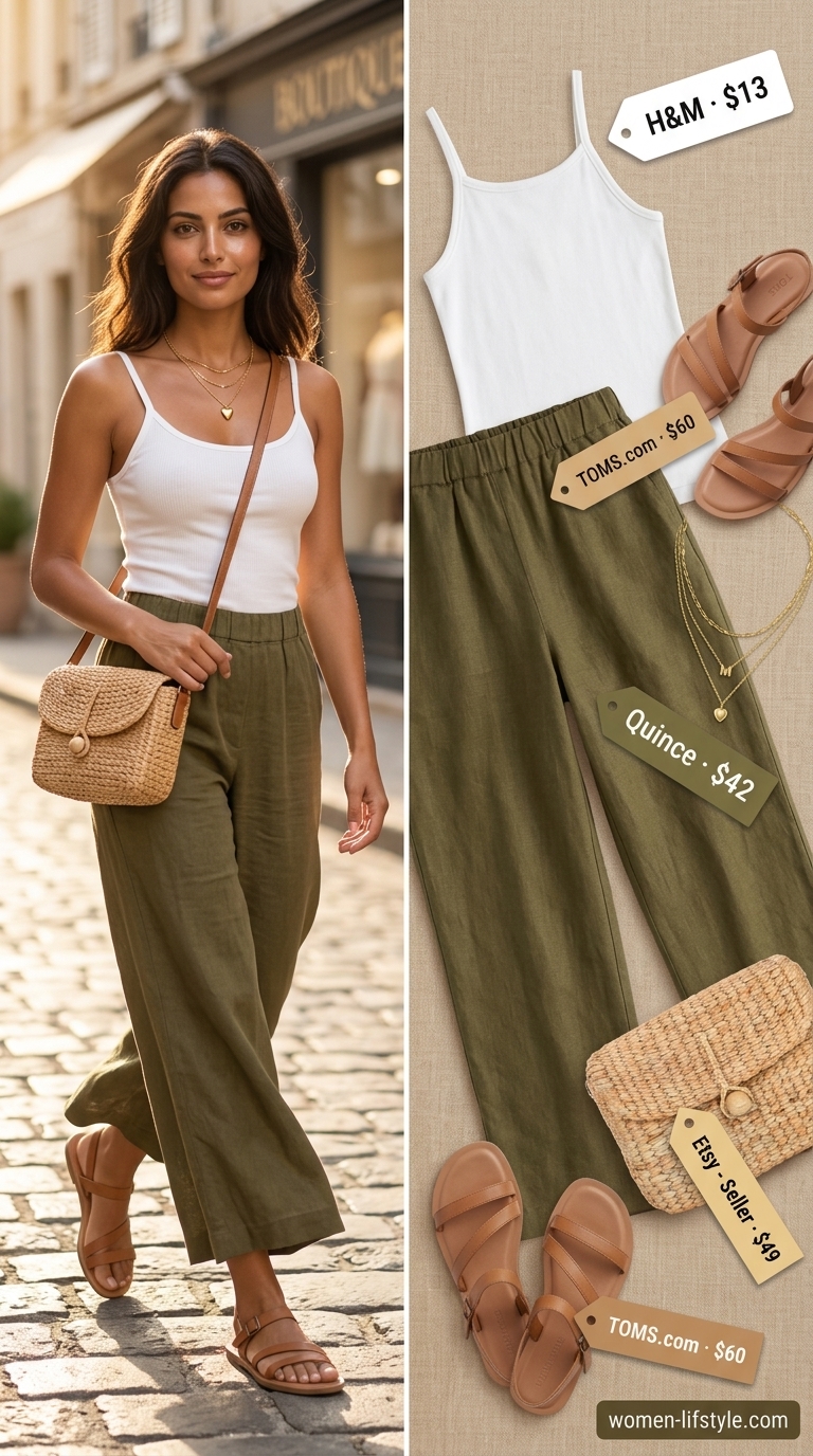 Coastal Chic Pants: Sage green linen pants, cream tank, tan sandals. Summer must have outfits for women 2026.