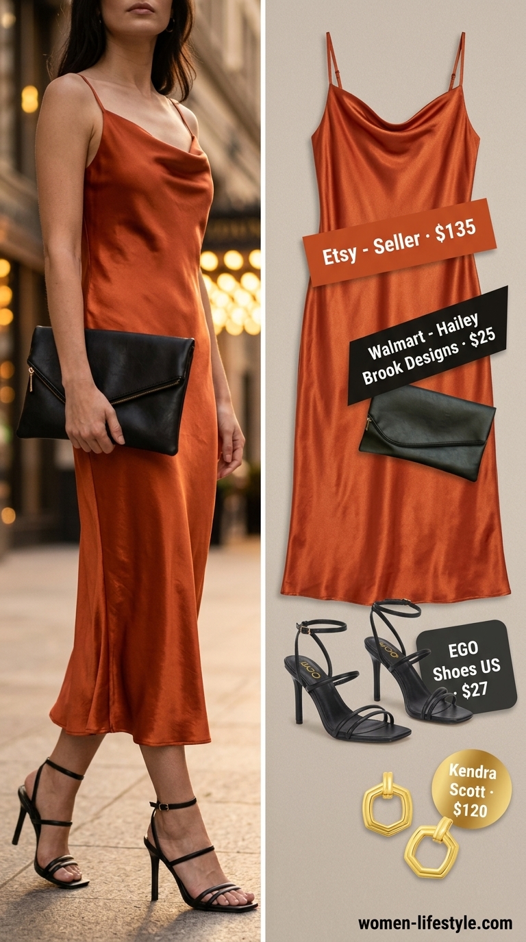 Coral slip dress outfit for women 2026: black sandals, gold earrings, envelope clutch. Ideal for date night.