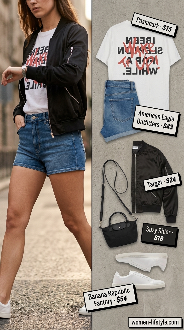 Denim shorts outfit for women 2026: graphic tee, bomber jacket, white sneakers. Casual weekend style.