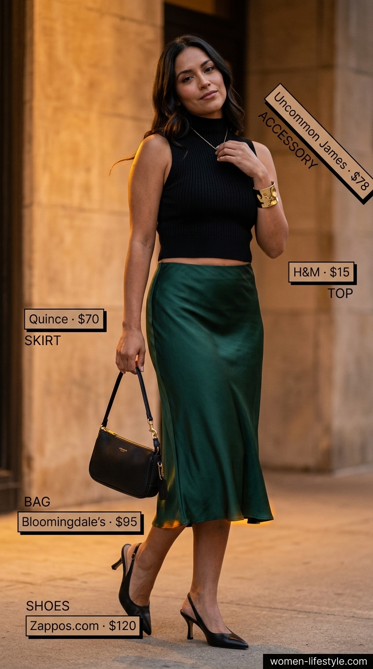 Emerald green midi skirt outfit for women 2026: black turtleneck, gold cuff, slingbacks. Perfect for summer events.