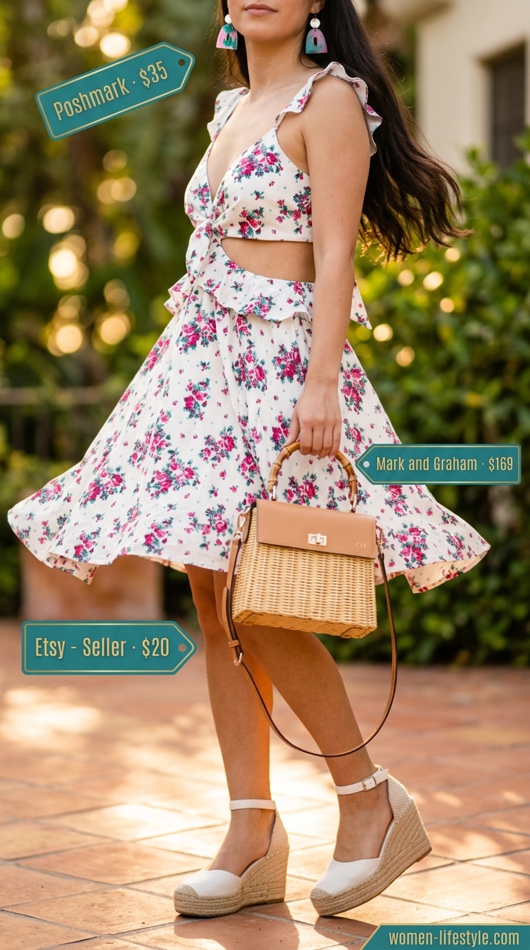 Playful floral print two-piece set for women 2026: teal, pink, white. Vacation party outfit.