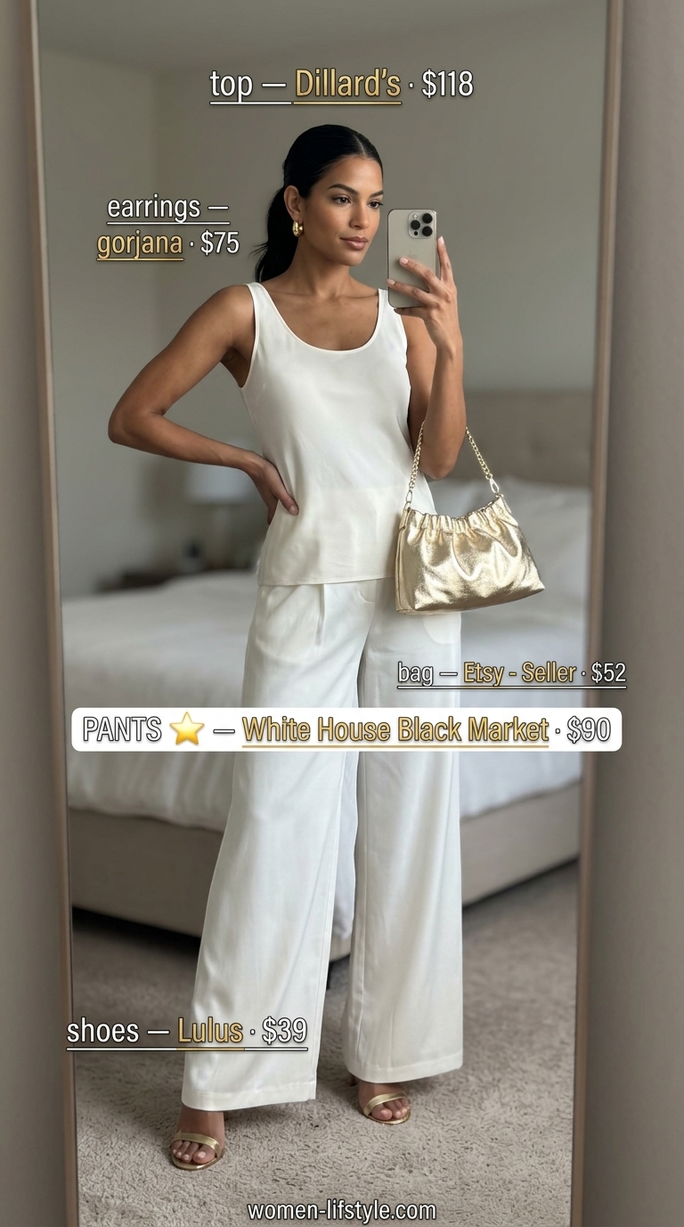 Elegant ivory wide leg pants outfit for summer must have outfits for women 2026 evening events.