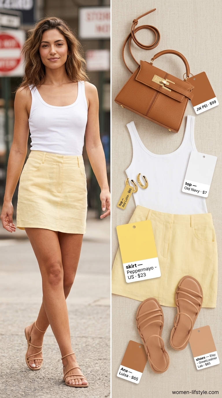 Feminine lemon yellow mini skirt outfit for summer must have outfits for women 2026 garden parties.