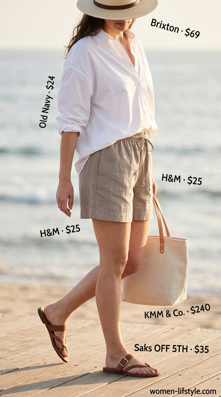 Relaxed linen shorts outfit for women 2026: taupe shorts, white shirt, straw hat. Casual beach day style.