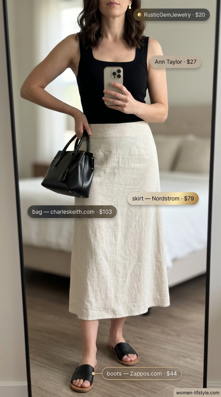 Minimalist beige linen midi skirt outfit for summer must have outfits for women 2026 daytime events.