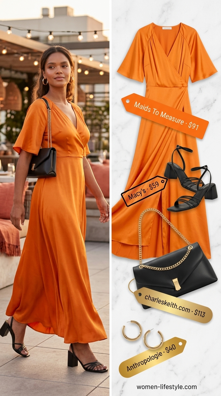 Sophisticated mango orange midi wrap dress for summer must have outfits for women 2026 rooftop events.