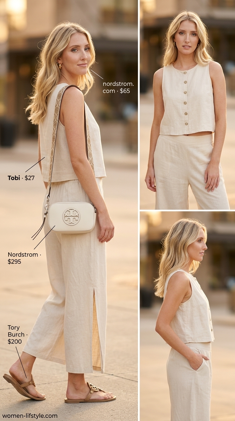 Minimalist Linen Set: Ivory linen pants & tank, beige sandals. Summer must have outfits for women 2026.