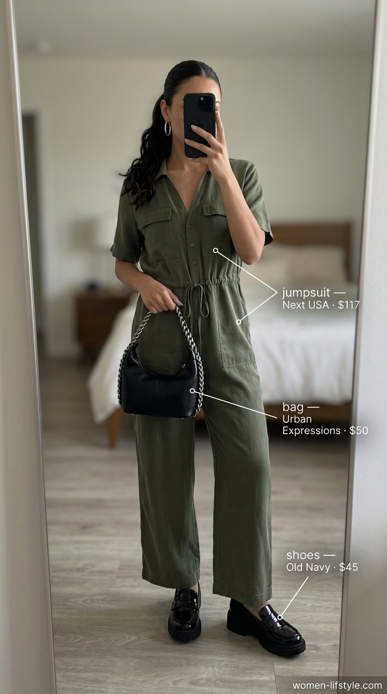 Edgy olive green utility jumpsuit for summer must have outfits for women 2026 casual city exploration.