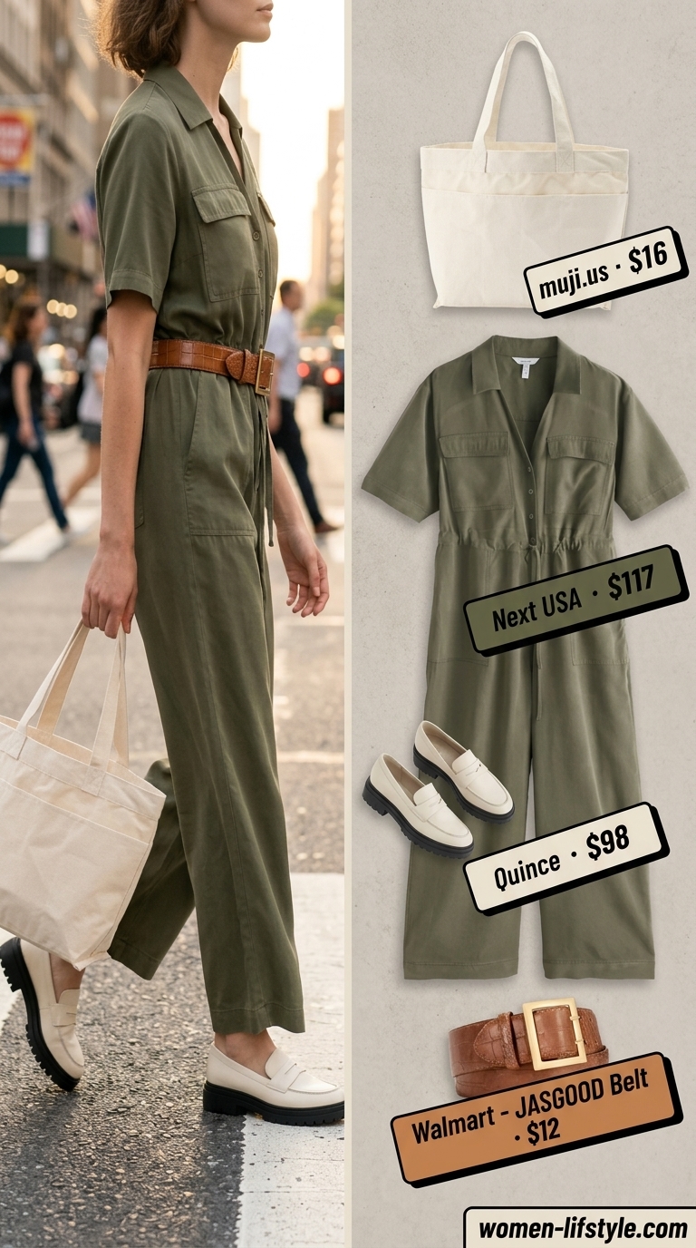 Olive green utility jumpsuit outfit for women 2026: leather belt, canvas tote, loafers. Comfortable travel style.