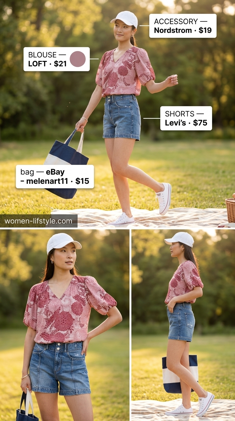 Sunset Picnic Perfection: Floral blouse, denim shorts, baseball cap. Summer must have outfits for women 2026.