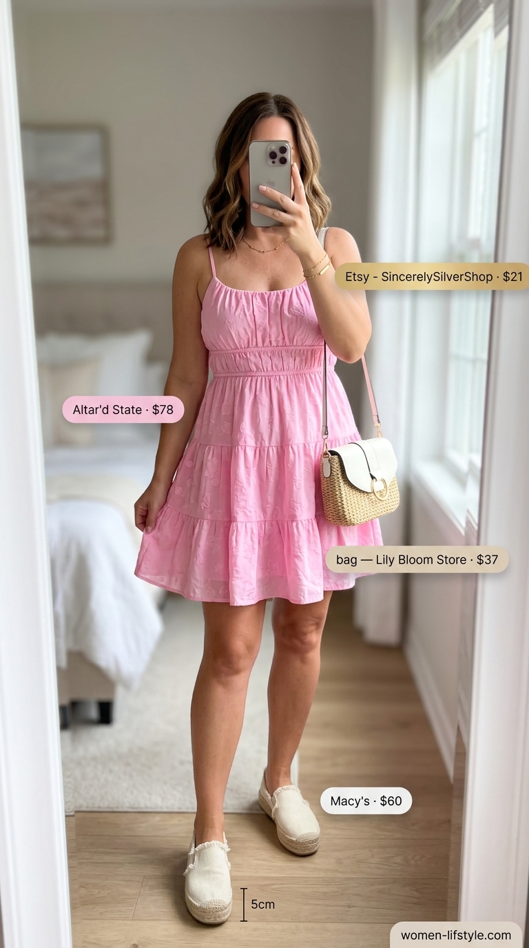 Sunny Sundress: Pastel pink floral mini dress, straw bag, espadrilles. Summer must have outfits for women 2026.