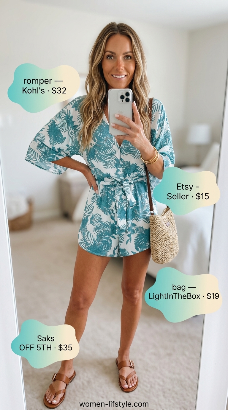 Carefree teal tropical print romper for summer must have outfits for women 2026 casual day trips.