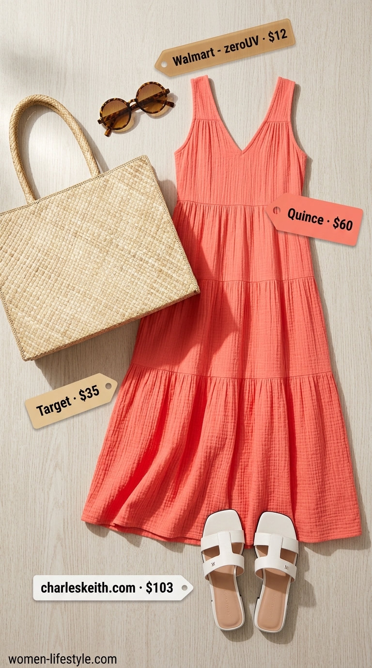 Vacation Maxi Dress: Vibrant coral tiered dress, white slides, straw tote. Summer must have outfits for women 2026.