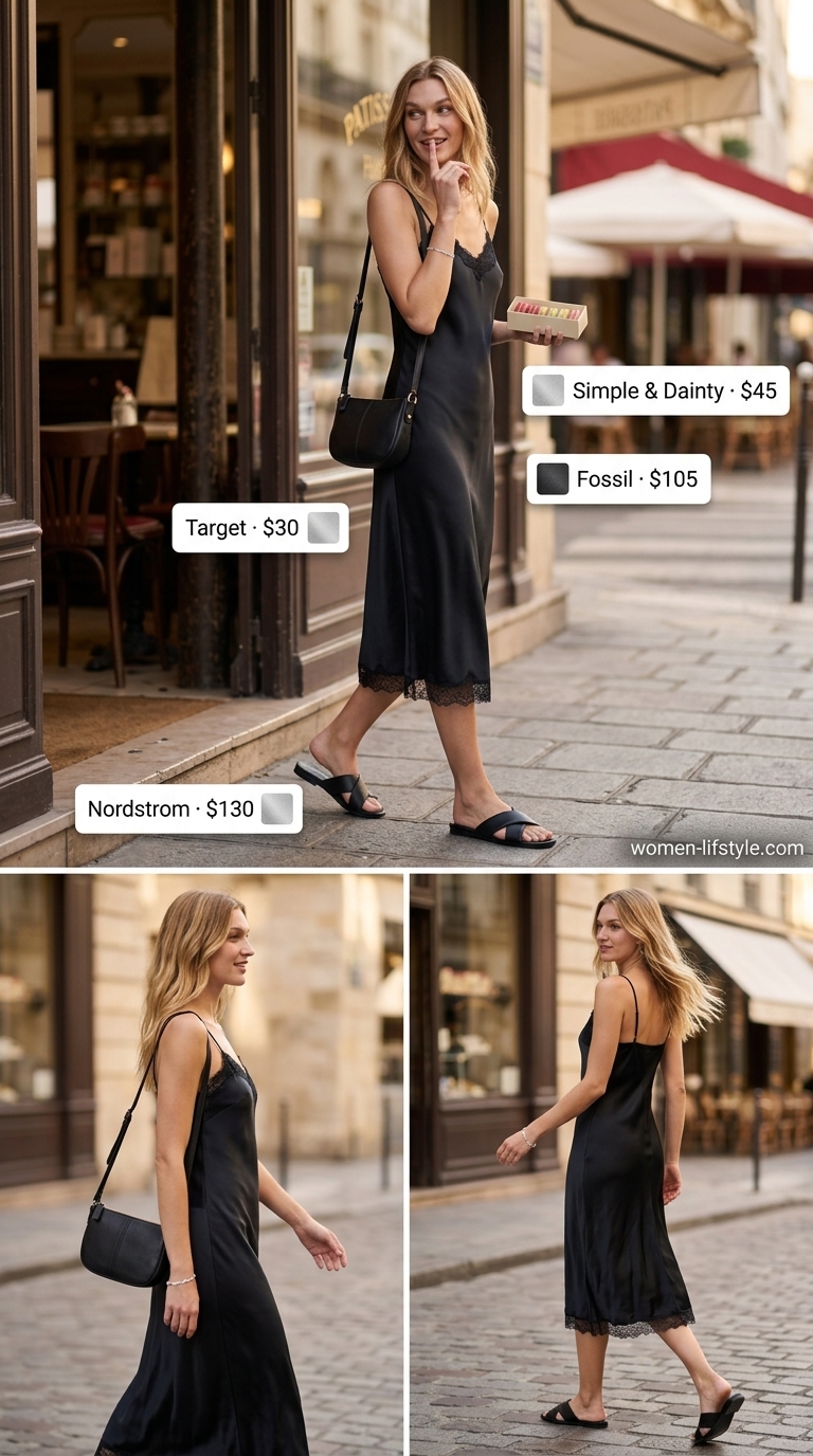 Weekend Brunch Ready: Black slip dress, silver jewelry, minimalist slides. Summer must have outfits for women 2026.