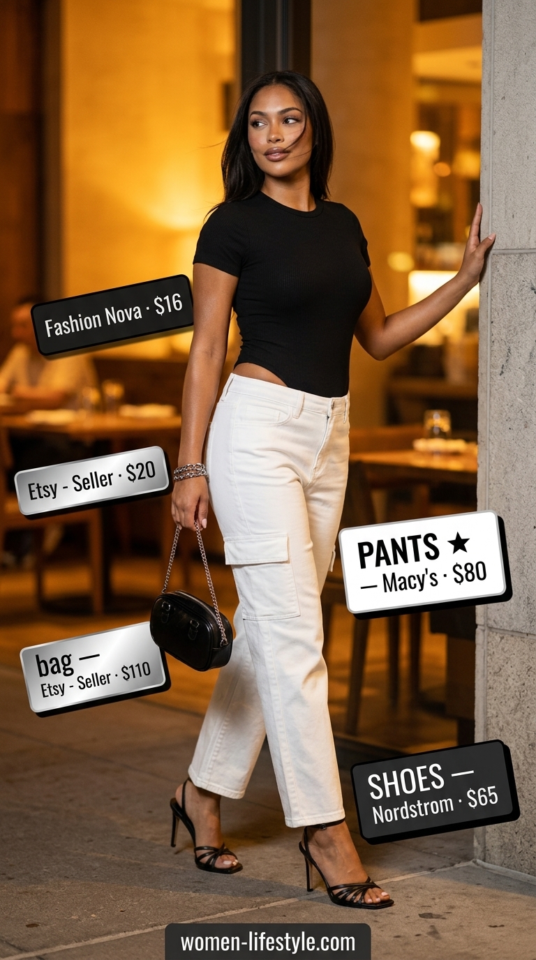 Chic white cargo pants outfit for women 2026: black bodysuit, heeled sandals, silver jewelry. Great for night out.